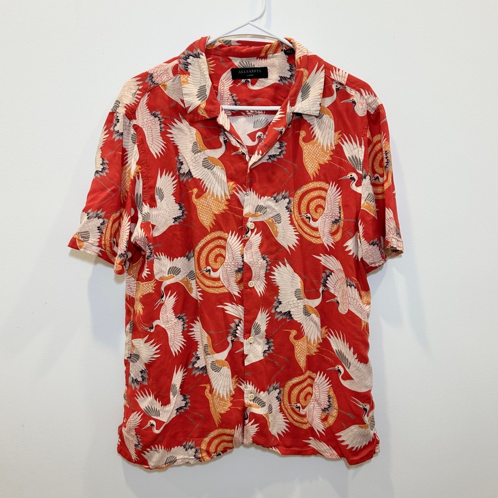 AllSaints Mens Red Crane Print Short Sleeve Camp Collar Button Down‎ Shirt Large